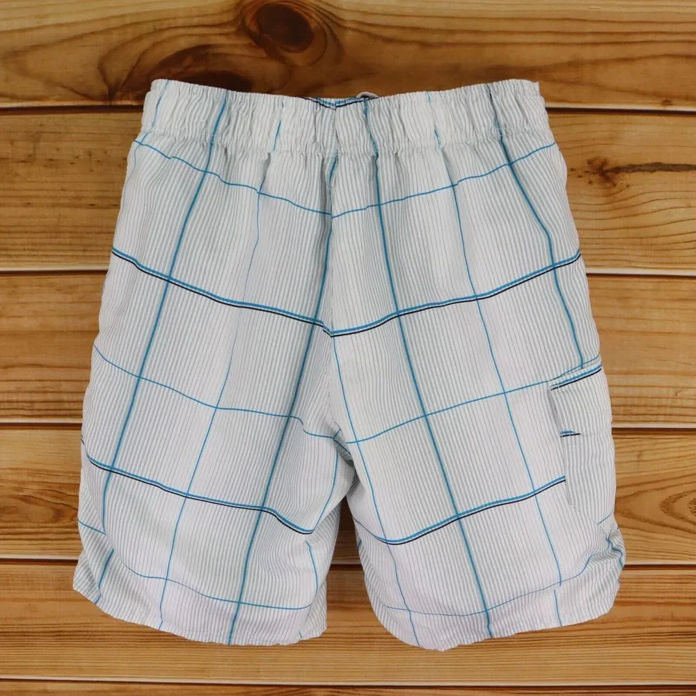 OP‎ Ocean Pacific Swim Trunks Mens M White Gray Stripes Checks Drawstring Pocket